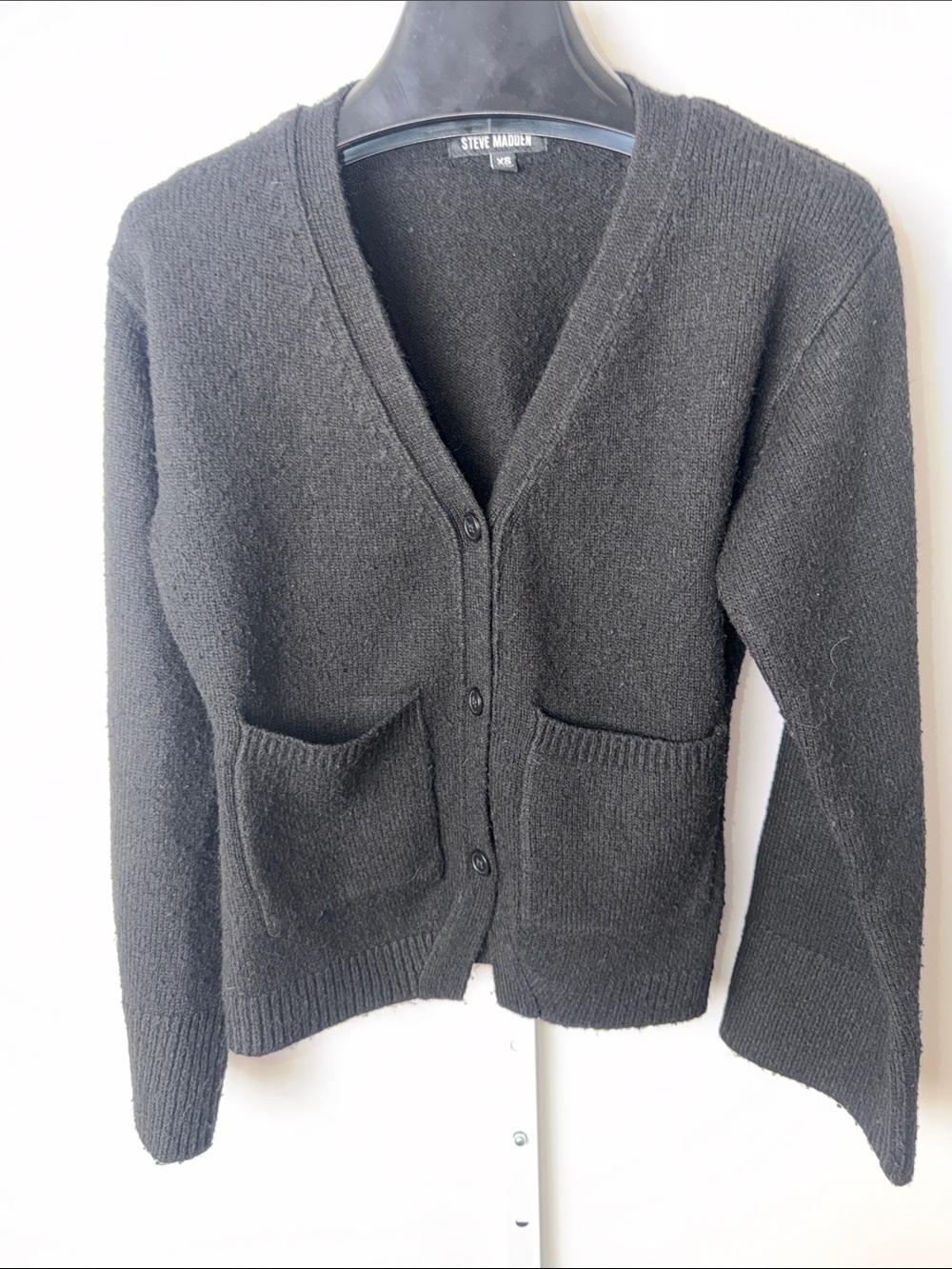 Steve Madden Black Button-Front V-Neck wide sleeve Cardigan with Patch Pockets